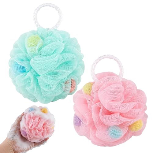 2 Pack African Net Shower Puffs - Mesh Soft Loofah Exfoliating Bath Sponge for Rich Lather Shower Accessories for Women & Men (Pink Green)