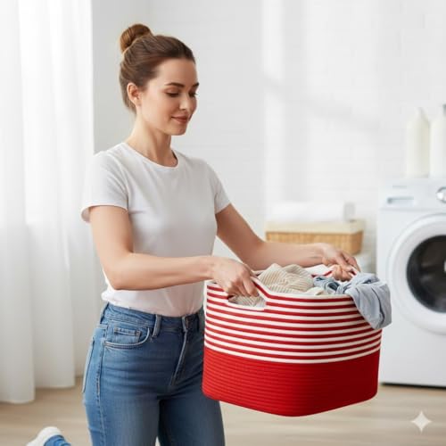 Image of Large Storage Basket, Woven Blanket Basket, Toy Basket with Handle, Laundry Hamper for Living Room, Nursery, Bedroom- 20x15x12 (LXWXH) (red mix)