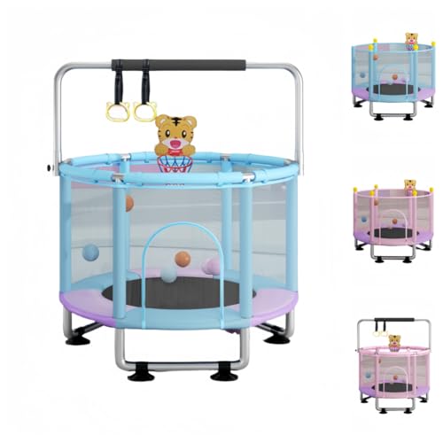 Zekono トランポリン 室内 セーフティネット付き 鉄棒 吊り輪付き スプリング式 家庭用 スポーツ 遊具 おもちゃ とらんぽりん キッズ 子ども プレゼント (青紫,直径1.2mの円形単極+リング)