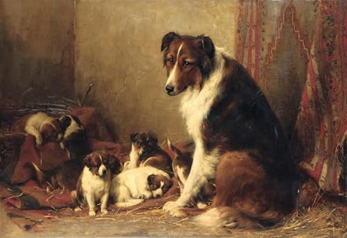 Lienzo decorativo de collie con cachorros: llena de ternura y calidez tu hogar
