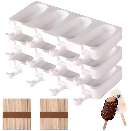 Moldes Helado Silicona, Grande Moldes Helados Magnum, Moldes Paletas, sin BPA, 100 palitos madera natural (B)