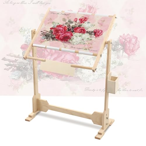 Stickrahmen Eckig, Kreuzstich Rahmen Holz Stickständer Verstellbare Stickerei Ständer mit 5 Höhenstufen und 360 Grad drehbar Kreuzstichrahmen Bodenständer 100cm 32CT