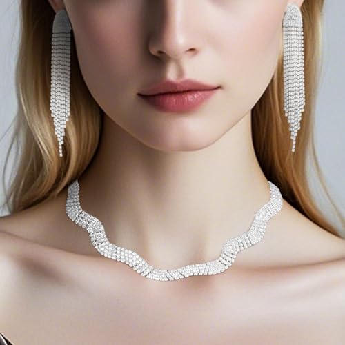 14K Gold Plated Rhinestone Choker Necklace, Sparkly Wave-shaped Diamond Necklace Dainty Crystal Choker Necklace for Women2