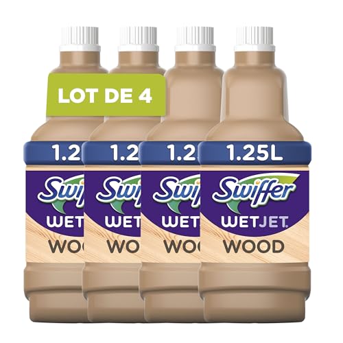 Swiffer Wetjet Wood Nettoyant Sol pour Balai Spray, 5L (4x 1.25L), Conçu pour les Sols en Bois Fini, Nettoie En Profondeur Et Retient La Saleté, Élimine Jusqu'a 99.9% Des Bactéries