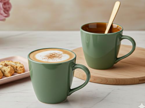 Image of Bodhi House Handcrafted Ceramic Coffee Mug Set of 2 Pieces (350 Ml), Stoneware Tea Cup, Microwave Safe Large Milk Mug, Glossy Finish, Ideal for Daily use, Casual Gatherings and Gifting, Forest Green