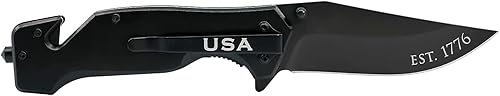 Miniatura 3 de Cuchillo táctico plegable de élite con bandera estadounidense Black Stealth - Cuchillo de rescate de combate USMC - Gran regalo para el veterano en
