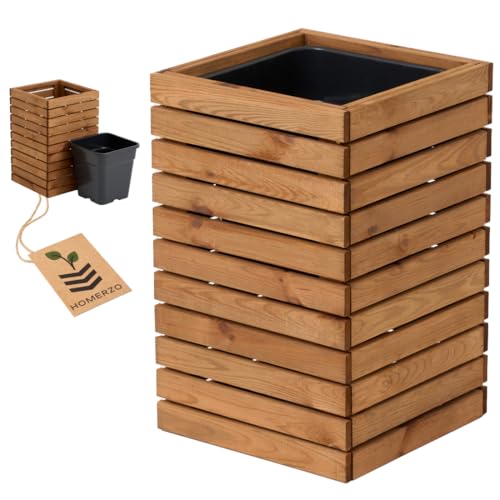 HOMERZO Pflanzkübel Holz – imprägniert wetterfest – mit herausnehmbarem Kunststoffeinsatz – Pflanztopf Blumenkasten für Balkon Garten Terrasse (Horizontal-braun 36x36 H55 cm)
