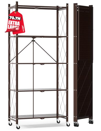 Image of ALANNG 70.7 inch H Metal Storage Shelves, 5 Tier Folding Shelf on Wheels | Heavy Duty, No Assembly, Rolling, Collapsible Rack Unit for Kitchen, Basement, Pantry (Vintage Brown,1 Pack)