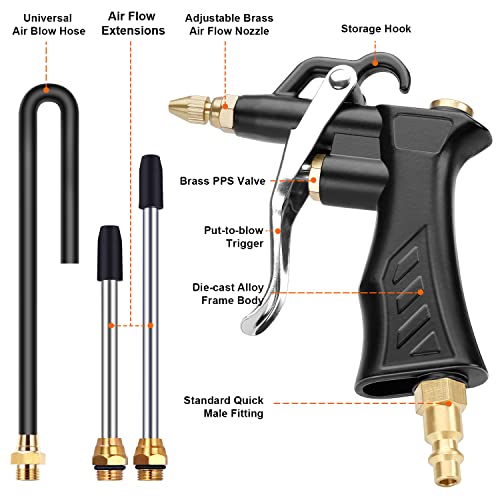 Industrial Air Blow Gun With Brass Adjustable Air Nozzle, Pneumatic Air Blower Gun With 2 Pcs Steel Air Flow Extensions And Universal Blow Hose, Air Compressor Accessory Tool Dedusting Air Gun #TOP1