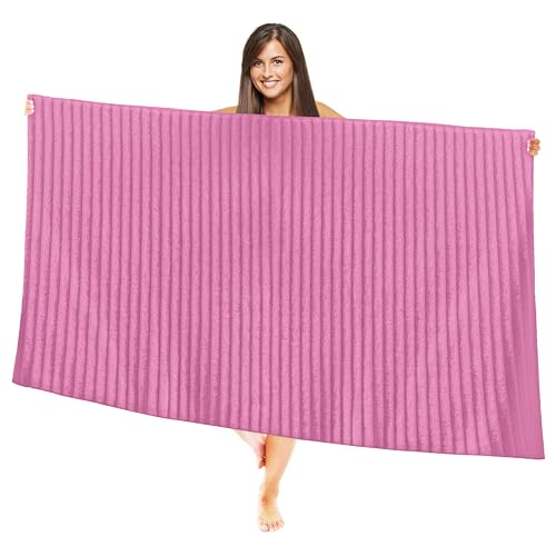 Image of Elegant Comfort 100% Turkish Cotton Corduroy Ribbed Luxury Jumbo Bath Towel Ultra Soft - 35 x 70 Inch - Luxury Spa Premium Hotel Quality Highly Absorbent and Quick Dry Large Bath Towel, Light Pink