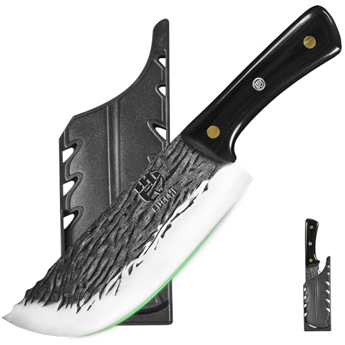 FULLHI Cuchillo de Chef, Cuchillo de Cocina con Mango de Madera y Funda, Cuchillo de Cocina de Acero al Carbono para Cortar Carne en el Exterior, Camping Barbacoa (Negro, Cuchillo de cocina)