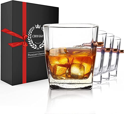 Chouggo Juego de 4 vasos de whisky Bullet 308 incrustados, vasos de whisky antiguos, regalos para hombres, papá, abuelo y marido Cover