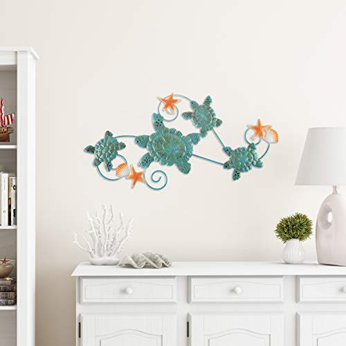 Lavish Home Turtles Wall Art With Shells And Starfish Nautical 3D Metal Hanging Decor-Vintage Coastal Under Water Sea Life Ocean Home Artwork, (L) 28”X (W) 1”X (H) 15”, Multicolor #TOP4