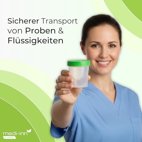 Medi-Inn Urinbecher mit Schraubdeckel grün | 10 Stück | auslaufsicher & gefriertauglich | 125 ml Fassungsvermögen bis 100 ml graduiert | mattiertes Schriftfeld