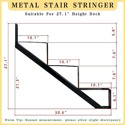 2 Packs Metal Stair Step Stringers, 3 Step Steel Riser Stringer for 27.1inch Height Deck(Polished Black,2PCs)