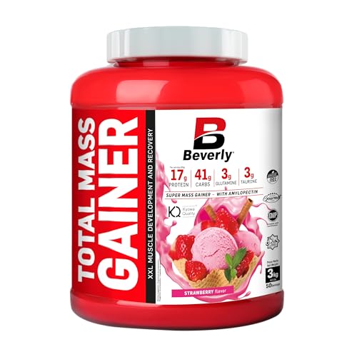 Beverly Total Mass - Proteína con hidratos de carbono, glutamina y taurina - 3 Kg - 50 Servicios - Ganancia muscular y de peso libre de grasa. Delicioso sabor (3 KG, FRESA)
