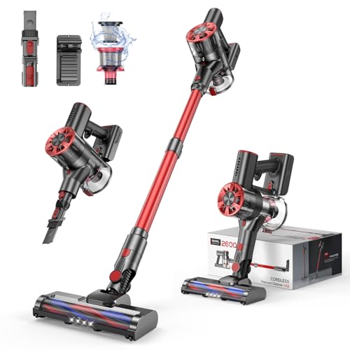 Cordless Vacuum Cleaner, 80,000PRM Stick Vacuum with 2 Powerful Suction Modes, Max 40 Mins Runtime, 2600mAh Rechargeable Wireless Vacuum Cleaner for Home (Red Cuckoo)