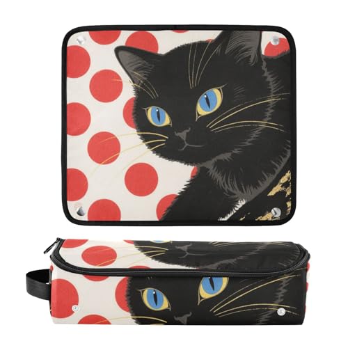 Bolsa de viaje para herramientas de cabello con tapete removible resistente al calor y organizador impermeable para planchas, rizadores y alaciadoras, diseño Red Dots Black Cat miniatura 3