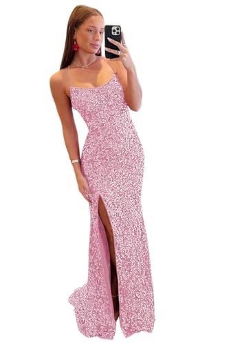 TIRAS Damen V-Ausschnitt Pailletten Ballkleider Lang mit Schlitz Meerjungfrau Glitzer Formelles Kleid CM140, A-rosa, 36