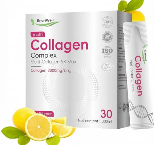 EneriWell Multi Collagen Supplements for Women Men 3000mg Hydrolyzed Bovine Collagen Peptides with Type 2 Biotin Vitamins C Glow up for Skin Hair Nails & Joints Halal Liquid Travel 30 sachets