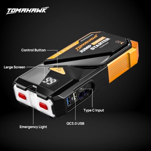 Image of TOMAHAWK JUM-5635 Jump Starter PowerBank | 8000mAh Battery | Fast-Charging | 700A (1400 A Peak) | LED Flashlight with SOS & Strobe | Type-C Quick Recharge | Car, Bike, LED Light in Travel, Cooking