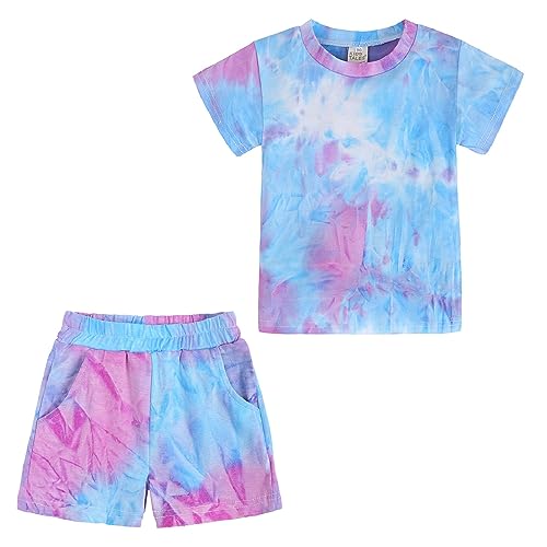 Toddler Girls Summer 2 Piece Outfits Tie Dye T-Shirt and Shorts Set Little Kids Cotton Short Sleeve Tee & Short Pants