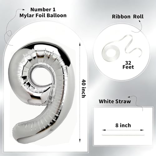 Image of Number Balloons Silver Party Balloon - Giant Number 9 Balloon, 40 Inch Large Balloon for Birthday Decorations, Silver Party Supplies for Anniversary