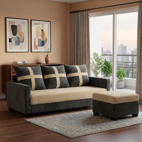 Image of Caviriq 4 Seater L Shape Sofa Set with Movable Ottoman | Flexible Left or Right Layout | Luxury Velvet Suede Fabric | Modern Living Room Sofa | Dark Grey-Cream