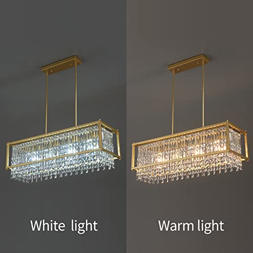Image of LMQNINE Modern Rectangle Chandelier for Dining Room, Gold Crystal Chandelier Linear Light Fixture, Farmhouse Chandeliers for Kitchen Island, Bar Table, L35.43'' x W11.81'' x H9.84''