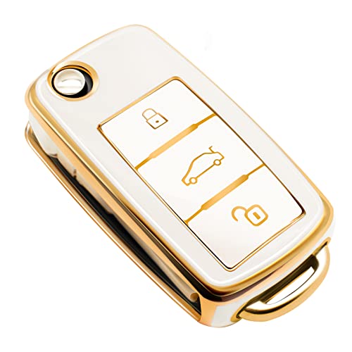 FEYOUN Key Fob Cover Compatible with VW Volkswagen Atlas Golf GTI Jetta Passat Tiguan Touareg Beetle Flip 3 Buttons TPU Remote Keyless Key Fob Case Protection Shell Accessories, White