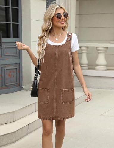 Image of Xaspee Denim Overall Dress for Women Casual Mini Sleeveless Jean Vintage Jumper Skirt Dress with Pockets