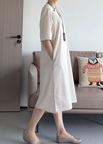 Image of Minibee Women's Summer Casual Midi Dresses Cotton Linen Short Sleeve Flowy A-Line Dresses with Pockets