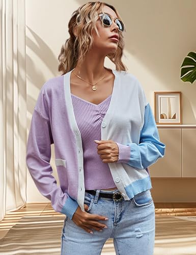 Women's Colorblock Cropped Cardigans Sweater Long Sleeve Button Front Knitted Sweaters Crop Top3