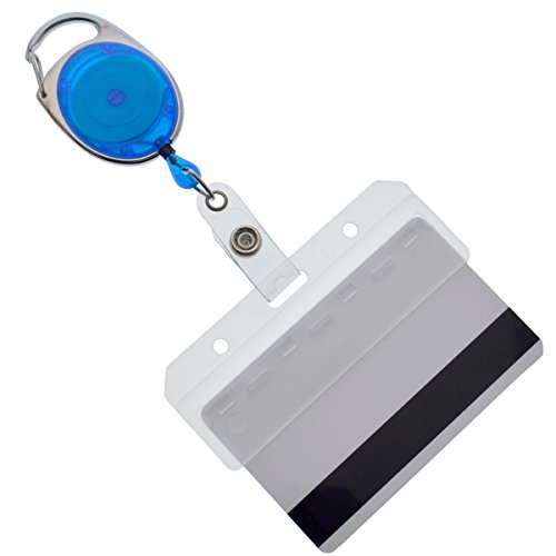Bulk 25 Pack - Premium Carabiner Badge Reel with Half Card Holder - Mag Stripe Exposed ID Holder for Swipe Cards Access Control POS Retractable by Specialist ID (Blue)