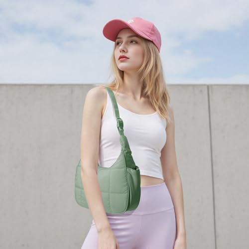 Image of Small Puffer Crescent Shoulder Bag for Women Lightweight Water-Resistant Nylon Purse with Adjustable Strap & Multiple Pockets