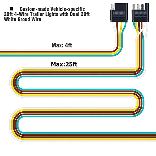 Doauto 29Ft 4 Way 4-Pin Flat Trailer Wiring Harness Extension Kit With Dual White Ground Wire, 25' Male & 4' Female Wishbone 18 Gauge Connector With Full Terminal Sae J1128 With 29Ft White Ground Wire #TOP4