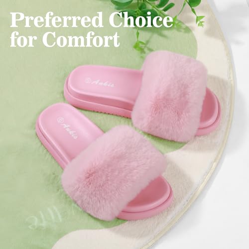 Ankis Pink Fur Slides-Cute Chic Versatile Pretty Soft Platform Slides, Open Toe, Non-slip Womens House Fluffy Slippers, Fuzzy Slippers for Women Indoor Outdoor, All Seasons3