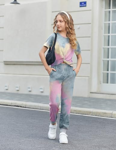 Image of Flypigs Girls Clothing Sets Tie Dye 2 Piece Outfits Short Sleeve Twist Front Tops and Sweatpants Sportswear Tracksuits