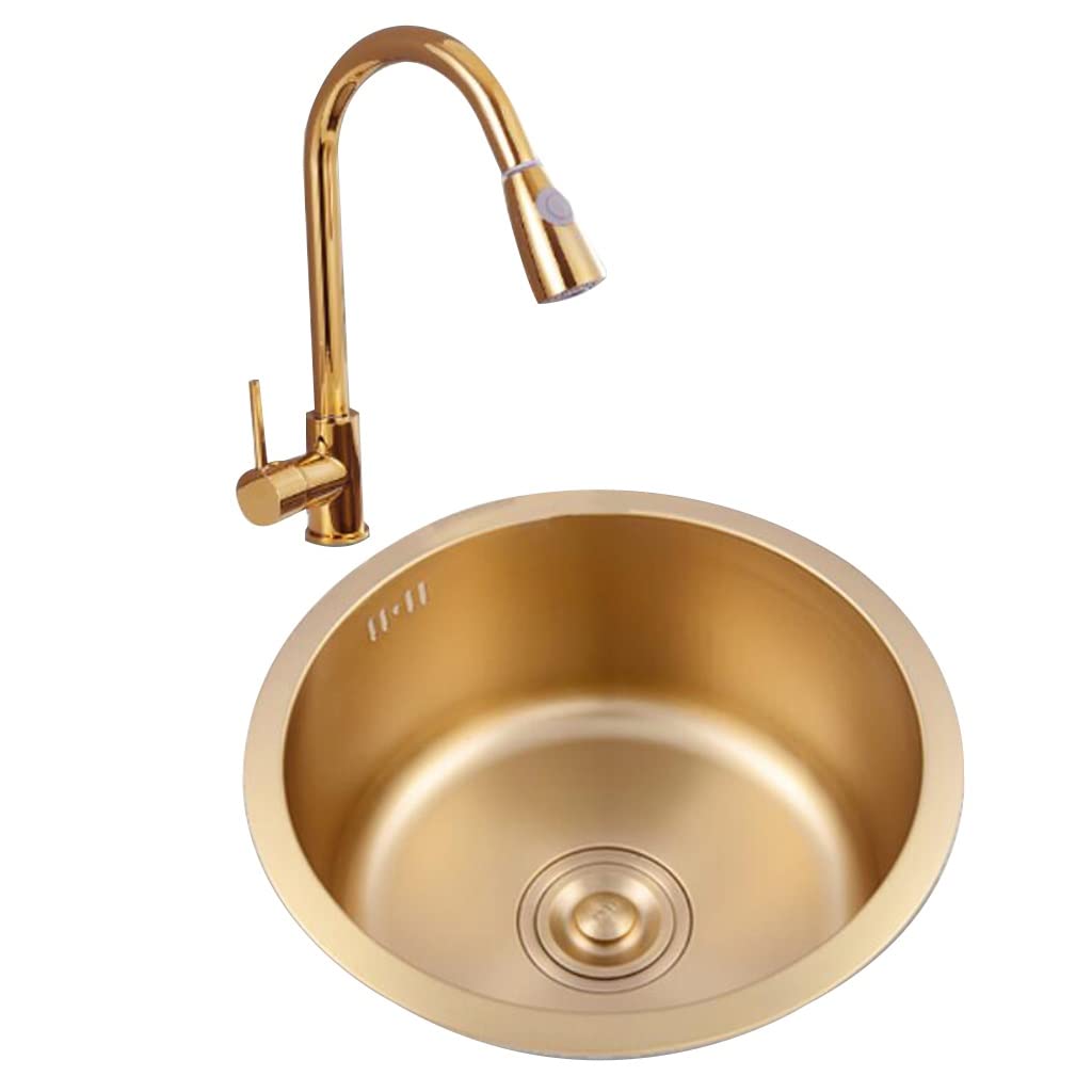 ZQFHSX Single Bowl Round Sink With Faucet Stainless Steel Suitable As Topmount And Undermount Kitchen (Color : Gold, Size 40 * 40cm)