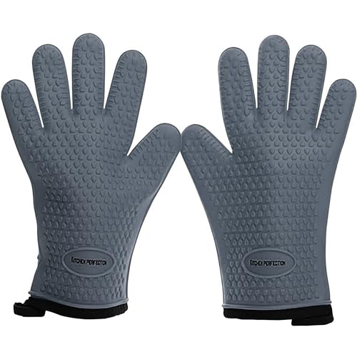 Image of KITCHEN PERFECTION Silicone Smoker Oven Gloves For Women -Extreme Heat Resistant BBQ Gloves -Handle Hot Food Right on Your Smoker Grill Fryer|Waterproof Oven Mitts Grill Gloves |Superior Set+3 Bonuses