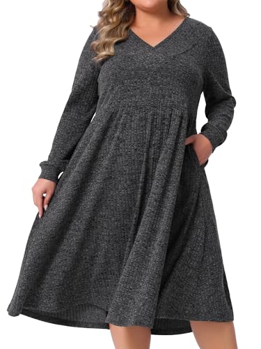 Image of Agnes Orinda Plus Size Sweater Dresses for Women V Neck Long Sleeve Ribbed Knit Elegant A Line Dress with Pockets 3X Dark Gray