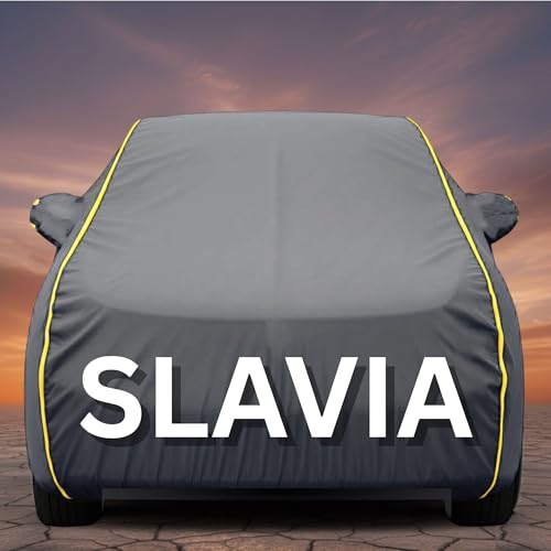 Image of Premium Grey Series 100% Waterproof Car Body Cover for Slavia Cover (All Models) with Mirror Pockets | Triple Stitched, Elastic, Custom Fit, Heat Resistant, Anti-Dust, All-Weather Cover