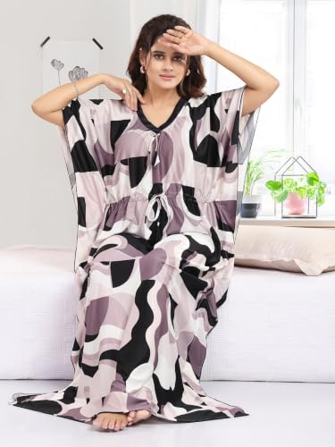 Image of Women's- Kaftan /Nighty /Maxi /Gown /Nightdress /Nightwear Serena Fabric- V-Neck Floral Print