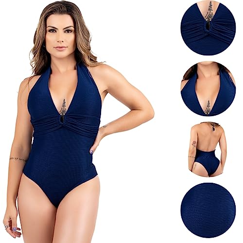 Maiô Feminino Frente Única Com Bojo Detalhe Drapeado Frontal Cor:Azul;Tamanho:GG-46-48