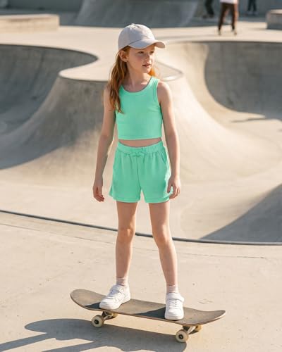 Image of Stelle Girls 2 Piece Outfits Tank Top and Shorts with Pockets 5-15 Years | Girls Ribbed Crop Tops,Scoop Neck,Sleeveless shirts,Elastic Waist Shorts,Bow Waist,Side Pockets