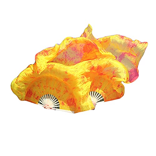Winged Sirenny 43"(110 cm) Small Youth Worship Praise Fan Flag Streamers, Belly Dance Silk Fan Veil, Set of 2 (Flame)