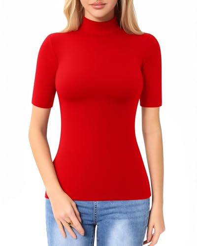Image of MANGOPOP Women's Mock Turtle Neck Slim Fit 3 /4 Sleeve T-Shirt