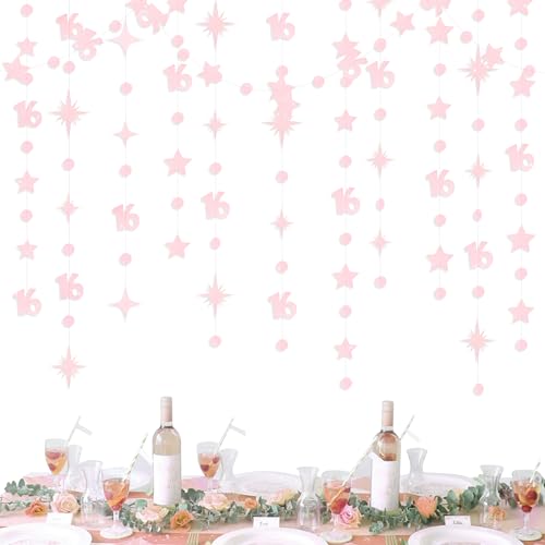 Image of Glitter Pink Number 16 Circle Dot Twinkle Star Garland Hanging Streamer Bunting Banner Backdrop Decorations for Girls Happy 16th Birthday Sweet Sixteen 16th Anniversary Cheers to 16 Years Party Decor