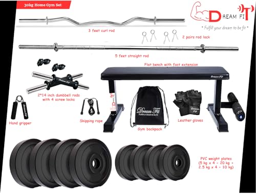 Image of DREAM FIT PVC Home Gym Set - 30 kg with 1 Flat Bench with Foot Extension, 3 ft Curling Rod, 5 ft Straight Rod, 1 Pair Dumbbell rods and Gym Accessories (30kg)