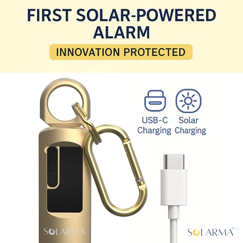 Image of HerTime2 Personal Safety Alarm for Women - Loud Self Defense Siren, Waterproof Keychain with Strobe Light - Solar Rechargeable, Gold